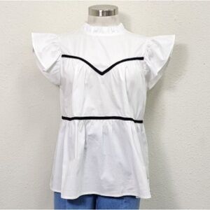 Chic White Ruffle Sleeve Blouse with Black Trim